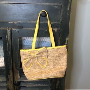 Straw Bag with Leather Trim and Bow